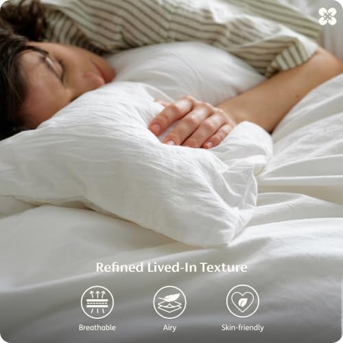 Image of Bedsure PureWoven 100% Washed Cotton Duvet Cover Only, Queen, Natural White | 1 Duvet Cover, No Pillow Shams, Linen Like Textured, Lightweight & Breathable for All Seasons, Zipper Closure, 8 Corner Ties