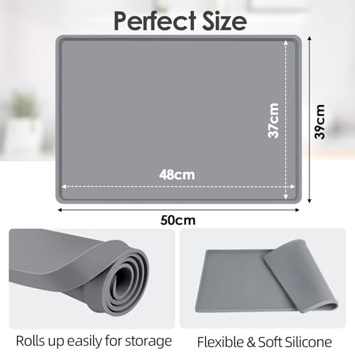 Silikonmatte Kaffeemaschine Unterlage mit Rand, 50x39cm Matte für Kaffeemaschine, Anti-Rutsch Wasserdicht Kaffeevollautomat Unterlage, kompatibel mit De'Longhi Magnifica, Leicht zu Reinigen, Grau 2