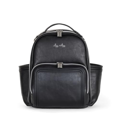 Image of Itzy Ritzy Mini Diaper Bag Backpack – Chic, Compact Mini Plus Backpack with Changing Pad, 10 Pockets (6 Internal, 4 External), Grab-Top Handle & Rubber Feet (Black w/Silver Hardware)