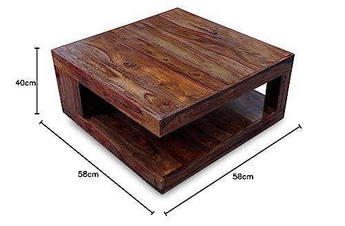 Image of Sheesham Wood Square Center Coffee Table with Open Shelf Storage Solid Wood Teapoy Tea Table for Living Room Home and Restaurants Light Walnut