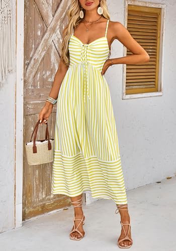 Image of Fashionme Womens Summer Maxi Dresses 2026 Trendy Striped Vacation Boho Beach Spaghetti Strap Sundress Back Tie with Pockets