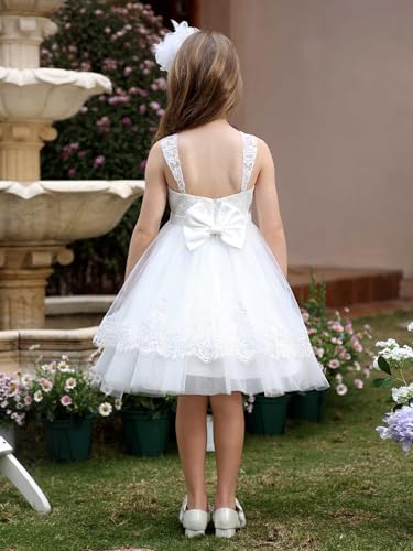ABAO SISTER White Lace Embroidered Spaghetti Straps Tulle Short Flower Girl Dress with Back Bow4