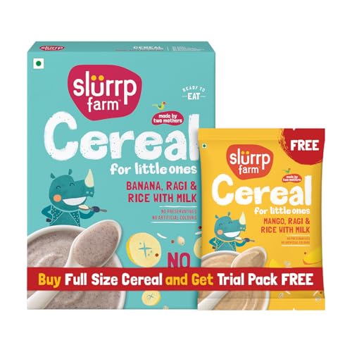 Image of Slurrp Farm No Added Sugar Instant Cereal | Ragi, Rice and Banana with Milk | Free Mango Cereal Trial Pack | 200g + Free 50g
