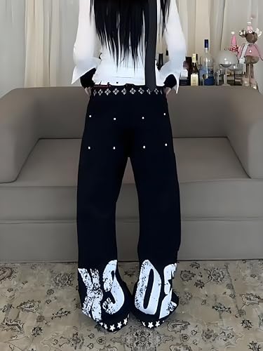 Unisex Y2k Grunge Gothic Plaid Double Waistband Tie Jeans Harajuku Streetwear Punk Rock Star Print Baggy Denim Pants4