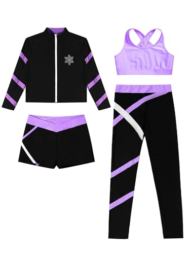 TiaoBug Kids Girls Yoga Tracksuit 4 Pcs Sportwear Long Sleeve Fleece Jacket Tank Tops Tights and Short Outfits3