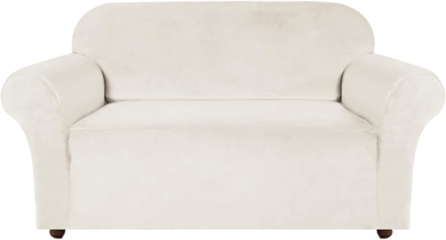 Turquoize Velvet Loveseat Covers Stretch Love Seat Couch Covers for 2 Cushion Couch Velvet Sofa Cover with Non Slip Elastic Bottom Furniture Cover Crafted from Soft Fabric (Loveseat, Cream)