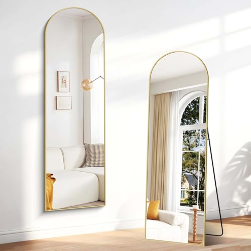 Weare Home Espejo de Cuerpo Entero, 150 x 40 cm Espejo de Pie Cuerpo Entero Curvado, Espejo Cuerpo Entero Espejo de Pared con Marco de Aleación de Aluminio y Soporte para Sala Dormitorio(Dorado)