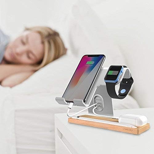 LAMEEKU Cell Phone Stand Compatible with iPhone and Android, Desktop Stand Holder Dock for iPad 2017 Pro 9.7, 10.5, Air Mini 2 3 4, Tablets, iPhone, Android Smartphone, Apple Watch 38mm 42mm- Silver