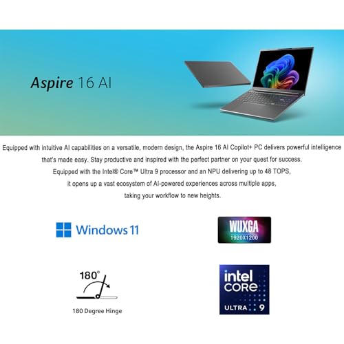 Image of Acer Aspire 16 inch AI Copilot+ PC Touchscreen Laptop - Intel Core Ultra 9 Processor 288V - WUXGA (1920 x 1200) - 32GB RAM - 128GB SSD - Windows 11 Home - Backlit Keyboard
