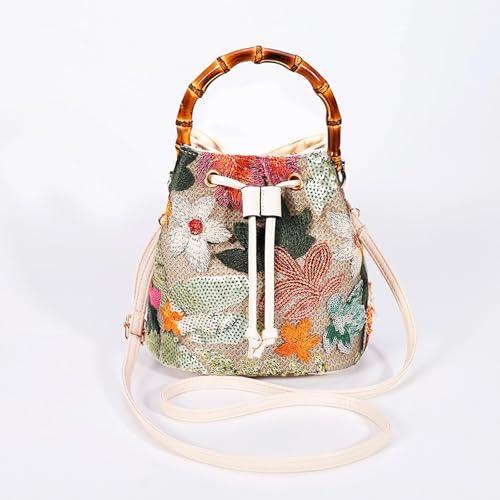 Image of Crossbody Bags for Women, Beach Bag, Hand Embroidered Tot Bag, Natural Bamboo carry handle Bucket bag, Bohemian Handbags for Women Vacation Travel Daily Matching(Silver Flowers)