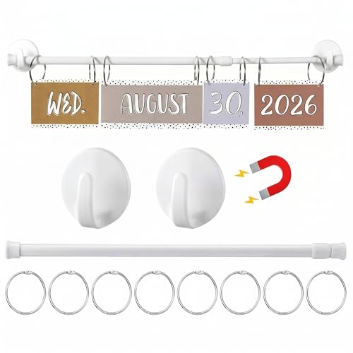 Chumia 16-29 Inches Magnetic Adjustable Calendar Holder Set Anchor Chart Date Cards Holder Flip Calendar Chart Rod for Office Whiteboard Crafts Home Decor Supplies (Round Hook White)