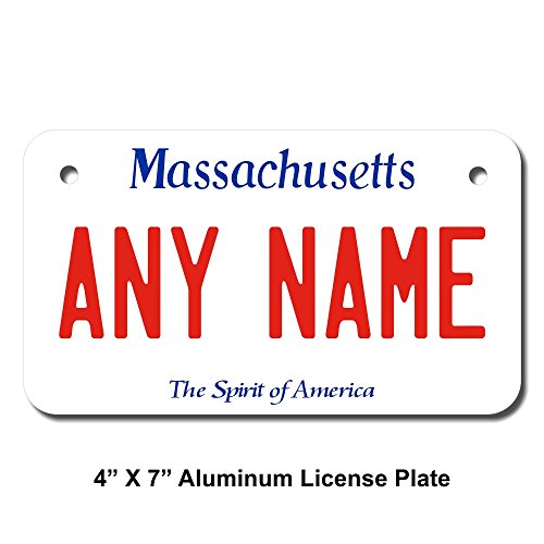 TEAMLOGO Personalized Massachusetts License Plate - Sizes for Kid's Bikes, Cars, Trucks, Cart, Key Rings Version 1 (2 x 4 Aluminum License Plate)