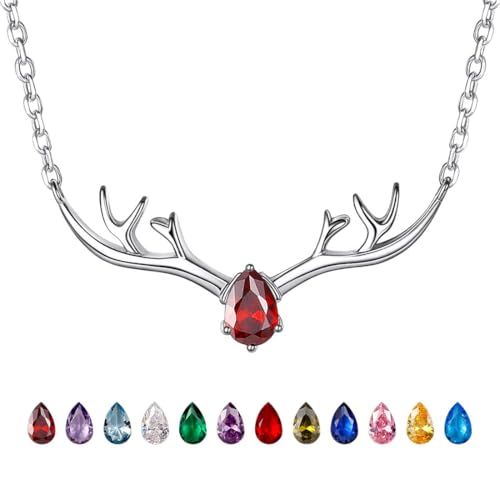925 Sterling Silver Butterfly Necklace/Antler Deer Necklace,Adjustable Silver Birthstone Necklace for Women,Birthstone Jewelry Gift for Her 01.January