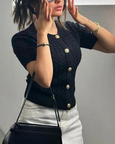 Image of Women Cable Knit Short Sleeved Sweater Cardigan Casual Button Up Soft Solid Sweater Shirt