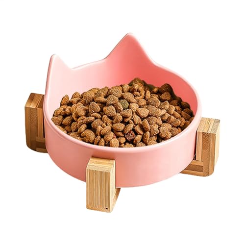 セラミックキャットフードボウル、セラミックキャットディッシュ | キャットフードボウル多機能犬用ボウル | 犬猫フードボウル、かわいい猫耳ペットウォーターディッシュ、木製スタンド付き、食べ物と水用の滑り止め猫皿