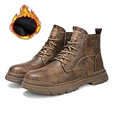 Men's Leather Lace Up Motorcycle Combat Boots Retro Round Toe lug sole Chukka Ankle Boots Casual Waterproof Oxford Dress Work Boot (brown-plus velvet,10,10)
