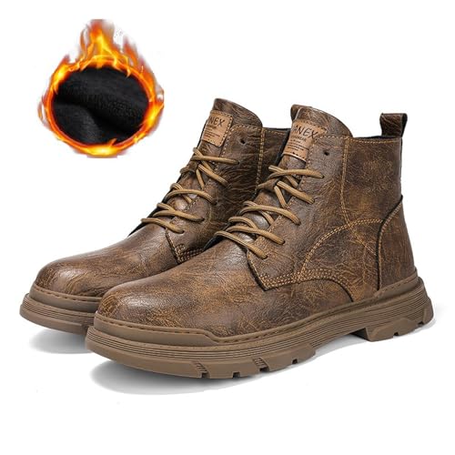 Image of Men's Leather Lace Up Motorcycle Combat Boots Retro Round Toe lug sole Chukka Ankle Boots Casual Waterproof Oxford Dress Work Boot