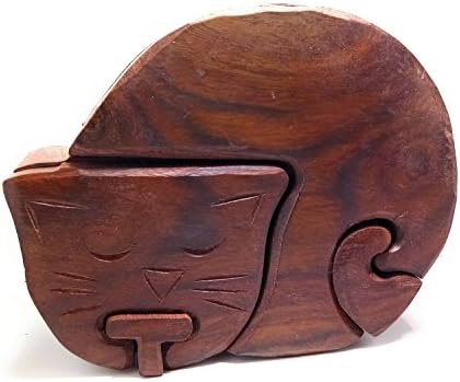 Lify All Natural Exotic Woods Puzzle Box, with Sliding Wooden Key Lock, Sliding Cover and Inner Lid to Hidden Compartment. Hand-Made Wood Onlay Design on Lid.- 1 Piece (Cat (Double Open))