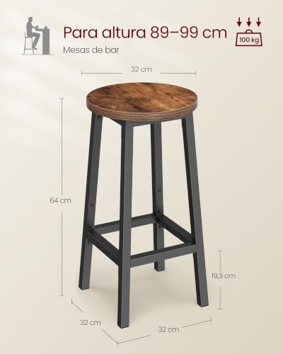 Miniatura 3 de Vasagle - Taburete De Bar, Juego De 2, Silla Redonda, Asiento De Cocina Alto, Marco De Acero, Altura 65 Cm, Montaje Fácil, Estilo Industrial, Marrón Rústico Y Negro Lbc32x
