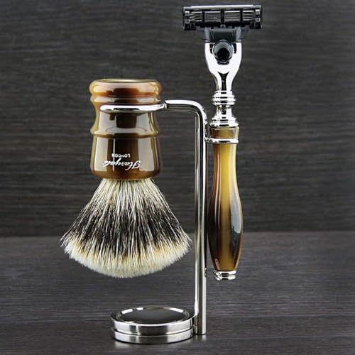 Premium Shaving Set - Horn Luxury Selection by Haryali London - Silver Tip Badger Shaving Brush & Triple Action Razor > Exceptional Balance Horn Replica Resin Handles