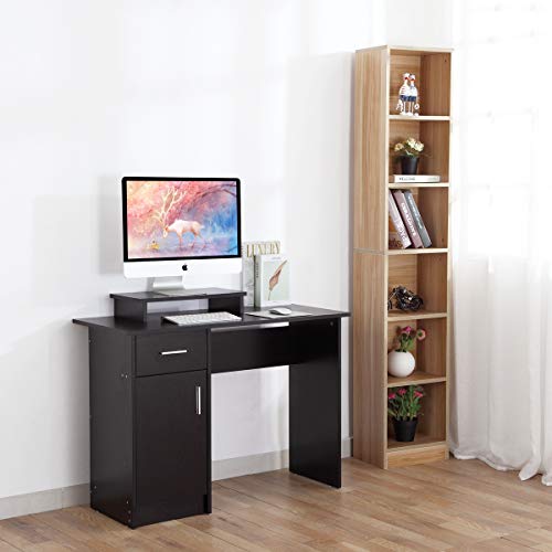 DOSLEEPS Computer Desk, Home Office Writing Desk Black Wood PC Laptop Gaming Study Workstation with Cabinet and Storage Shelf for Small Space - Free Monitor Stand