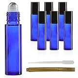 Culinaire 6 Pack Of 10 ml Blue Glass Bottles with Stainless Steel Roller Balls/Caps & 3 ml Dropper with Gold Glass Pen included