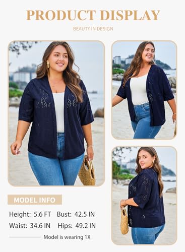 Eytino Plus Size Cardigan for Women Half Sleeve Knitted Jacquard Summer Kimono Cover up Tops(1X-5X)3