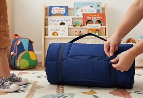 Image of EVERYDAY KIDS Nap Mat with Removable Pillow - Navy - Carry Handle with Straps Closure, Rollup Design, Soft Microfiber for Preschool, Daycare, Travel Sleeping Bag - Ages 3-6 Years