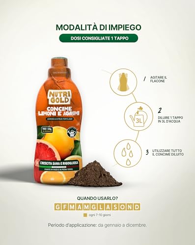 NutriGold® concime Agrumi | Fertilizzante per Limoni, Arance, Mandarini e Pompelmi - Formula Ricca di Azoto, Fosforo e Potassio - Nutrienti Specifici per Agrumi in Terra o Vaso - 700g + 50g Omaggio - 5