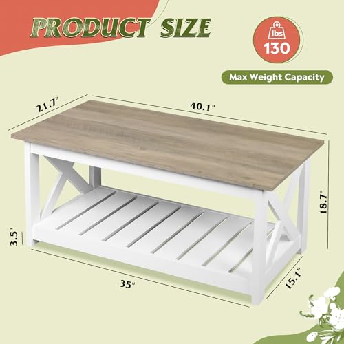 WLIVE Farmhouse Coffee Table for Living Room, 40.1\" Rustic Center Table with X-Frame Support & Storage Shelf, 2-Tier Wood Coffee Tables for Bedroom & Balcony, White