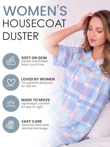 Image of Casual Nights Women's Snap - Front House Dress Short Sleeve Woven Housecoat Duster Lounger Robe with Pockets