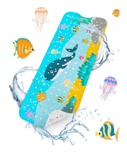HITSLAM Alfombra Bañera Antideslizante Infantil, 101x40cm Extra Larga Alfombra Ducha Antideslizante, Alfombra Baño con Ventosas y Orificios de Drenaje, Suave para los pies, Lavable a Máquina, Ballena
