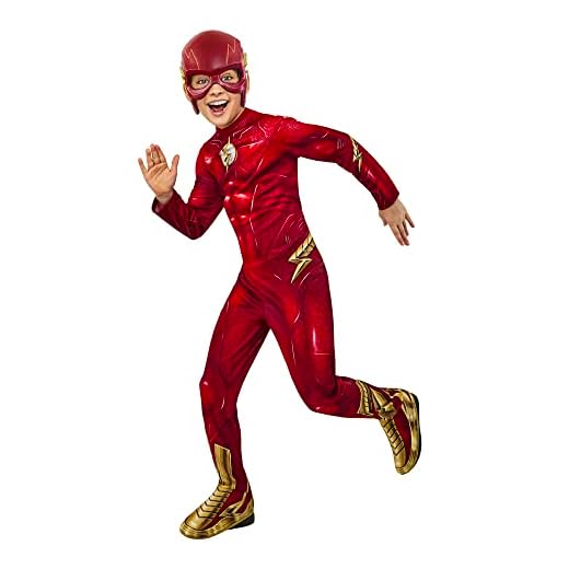 Rubies disfraz The Flash Classico para niño, Jumpsuit estampado con cubrebotas y antifaz, Oficial DC, para Carnaval, Navidad, Cumpleaños, Fiestas y Halloween, M