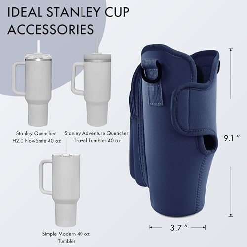 Image of Water Bottle Carrier Bag with Phone Pocket for Stanley Cup 40 /30 oz, Water Bottle Holder with Adjustable Strap& Straw Cover, Stanley Cup Accessories (Prussian Blue)