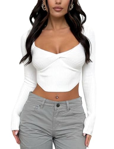 Lancifolium Women’s Long Sleeve Crop Tops Sweater y2k Fashion 2023 Trendy Knit Square Neck Cropped T-Shirt3