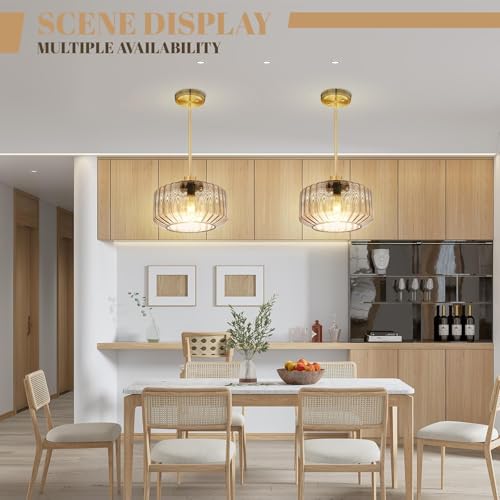 Image of Mid Century Modern Pendant Light Glass Hanging Ceiling Light Fixture Amber Kitchen Island Pendant Lighting Gold Chandelier Hanging Lamp for Living Room Dining Room Bedroom
