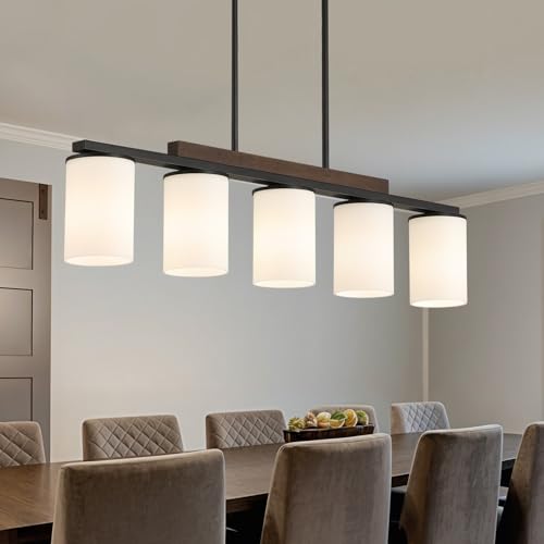 Mecgirn Farmhouse Dining Room Light Fixtures Over Table, Black Pendant Lights for Kitchen Island with Milk Glass Shade, 5 Light Linear Chandelier Lighting with Wood