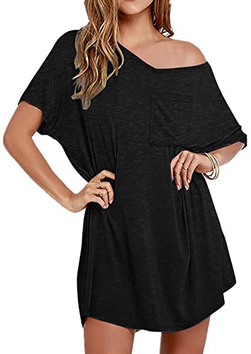 Camisón de algodón Ekouaer con cuello en V para mujer en color negro talla grande cómodo