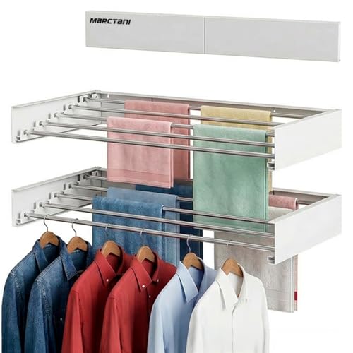 Marctani Tendedero Extensible Pared Ahorra Espacio   Tendederos Plegables ANTIOXIDANTES Interior o Exterior   Tendal Plegable Resistente 24 Pinzas   Tenderete de Ropa (Blanco, 80 CM)