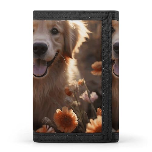 Golden Retriever And Flowers Trifold Wallet for Men - Money Clip Slim Wallets with Multiple Card Slots Minimalist Small Front Pocket Wallet for Everyday Carry