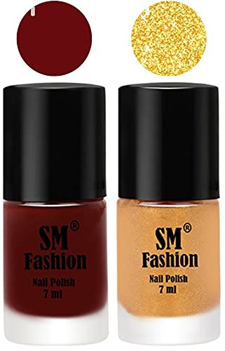 Image of Long Lasting Nail Polish | Nail Paint Combo 7 ml Each) - Set of 2 Wine Red-Light Golden