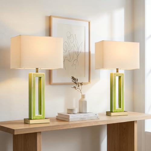 Image of 22 inch Modern Ceramic Table Lamps Set of 2, Green Crackle Glaze Hollow Bedside Lamps with Linen Shade, 5ft Cord Rotary Switch E26 Base Nightstand Lamps for Bedroom Living Room Entryway Decor