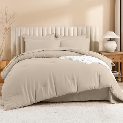 Image of Litanika Comforter King Size Set Khaki - 7 Pieces Bed in a Bag King Bedding Comforter Sets, Plain Lightweight Bed Set with Comforter, Sheets, Pillowcases & Shams