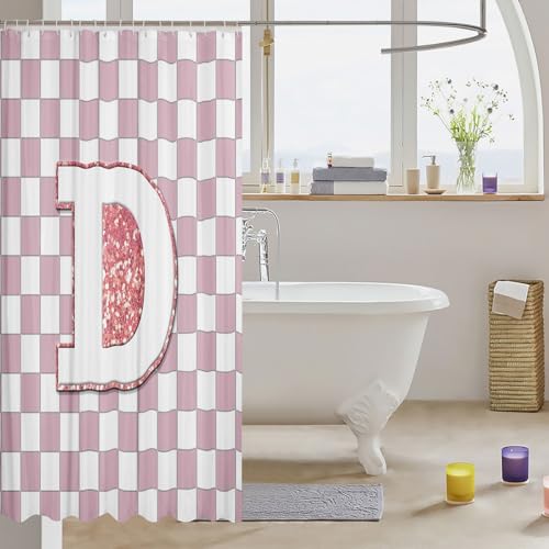 Image of Erosebridal Pink Initial D Bathroom Accessories Kawaii Plaid Checkered Shower Curtain Cute Personalized Monogram Bathroom Curtain for Kids Girls 72 inch Wx72 L Fashion Grids Gingham Shower Decor
