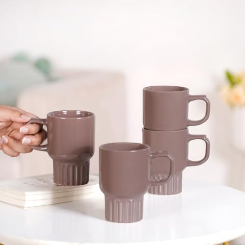 Image of Nestasia Ceramic Stackable Cups Set of 4 (270ml Each) - Fluted Bottom Tea & Coffee Cups with Glossy Finish | Microwave & Dishwasher Safe Cups - Ideal for Gifting (Taupe)