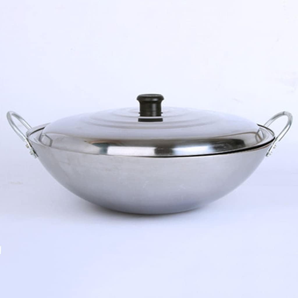 Thick Stainless Steel Double Ear Wok with Lid for Commercial 40cm Heat Evenly Non-Magnetic Non-Stick Wok Less Oily Smoke Suitable for Hotel,Canteen,Restaurant