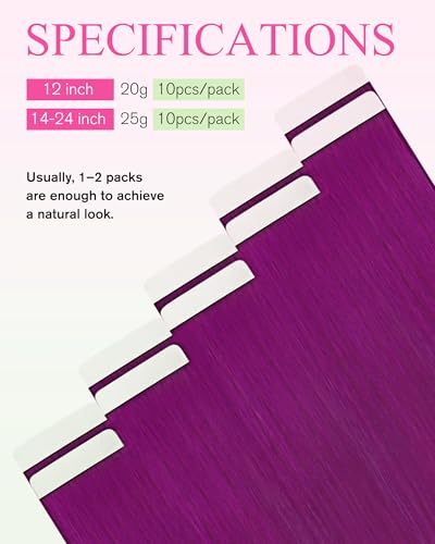 Image of YoungSee Hair Extensions Tape in Purple, Tape in Extensions Human Hair Colored, Tape Extension, Blend Naturally with Your Natural Hair, 25g 10pcs 20 Inch, for Girls