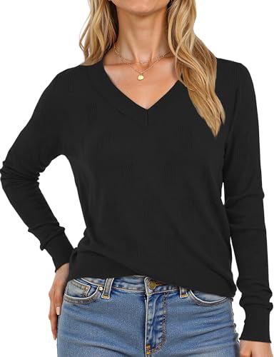 Image of Buauty Womens Fashion V Neck Long Sleeve Knitted Ribbed Pullover Sweaters Casual Lightweight Loose Fit Jumper Tops
