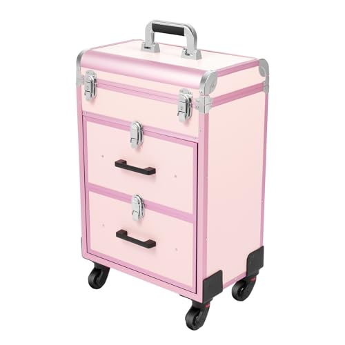 Maletín de maquillaje profesional con cajón, 57 x 36 x 23 cm, con ruedas, con cerradura, maletín de maquillaje para mujer, para viajes, esteticista, peluquería, color rosa, Rosa., moderno