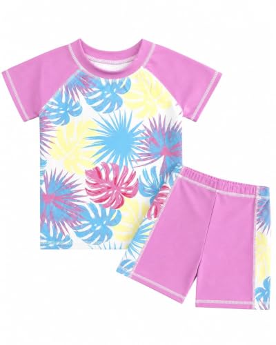 Image of DivingBirds Girls Swimming Costume, Two Piece Girls Swimsuit UV Sun Protection Kids Short Sleeve Swimwear Summer Beach Bathing Suit 10-12 Years